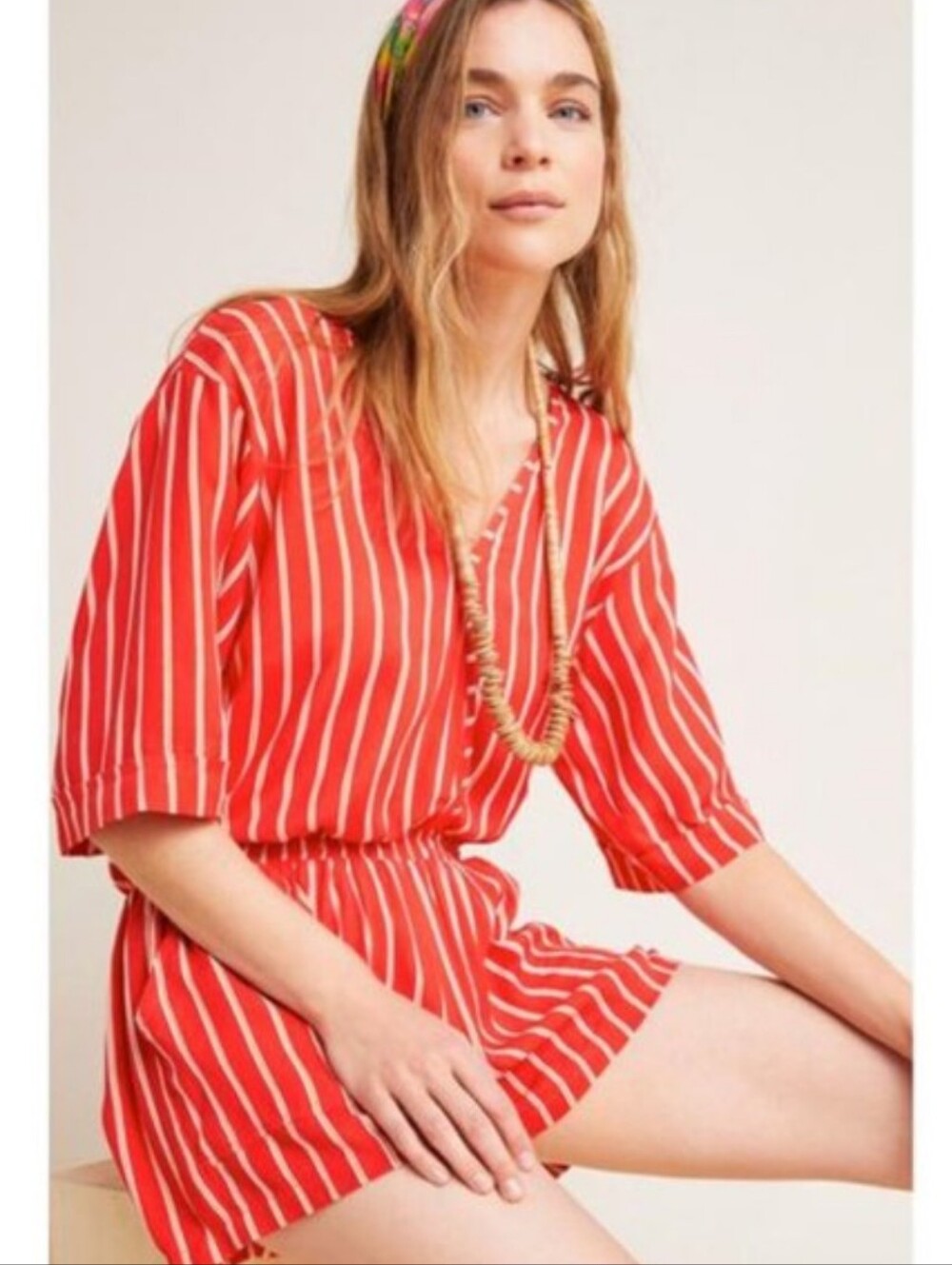 Anthropologie Beach Gold Womens Ancona Striped V-Neck Elastic Waist Romper Short